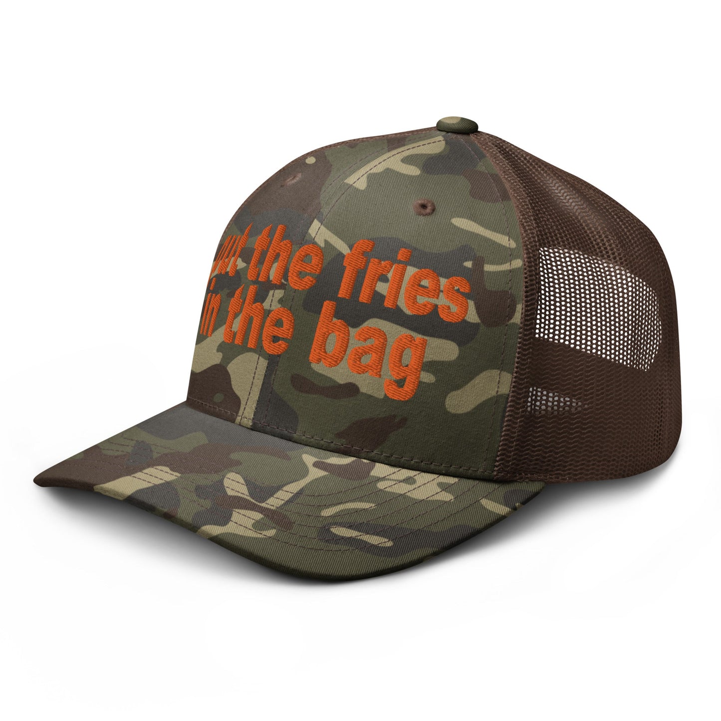 Put the Fries in the Bag Embroidered Orange Camo Trucker Hat Camo Brown