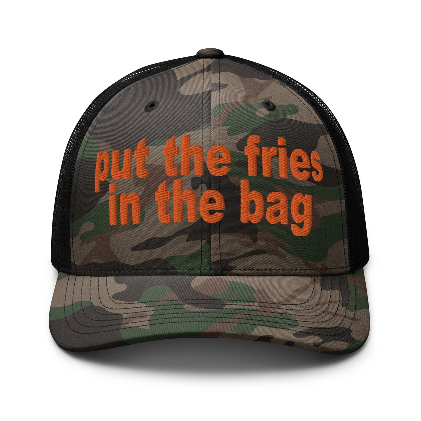 Put the Fries in the Bag Embroidered Orange Camo Trucker Hat Camo Black