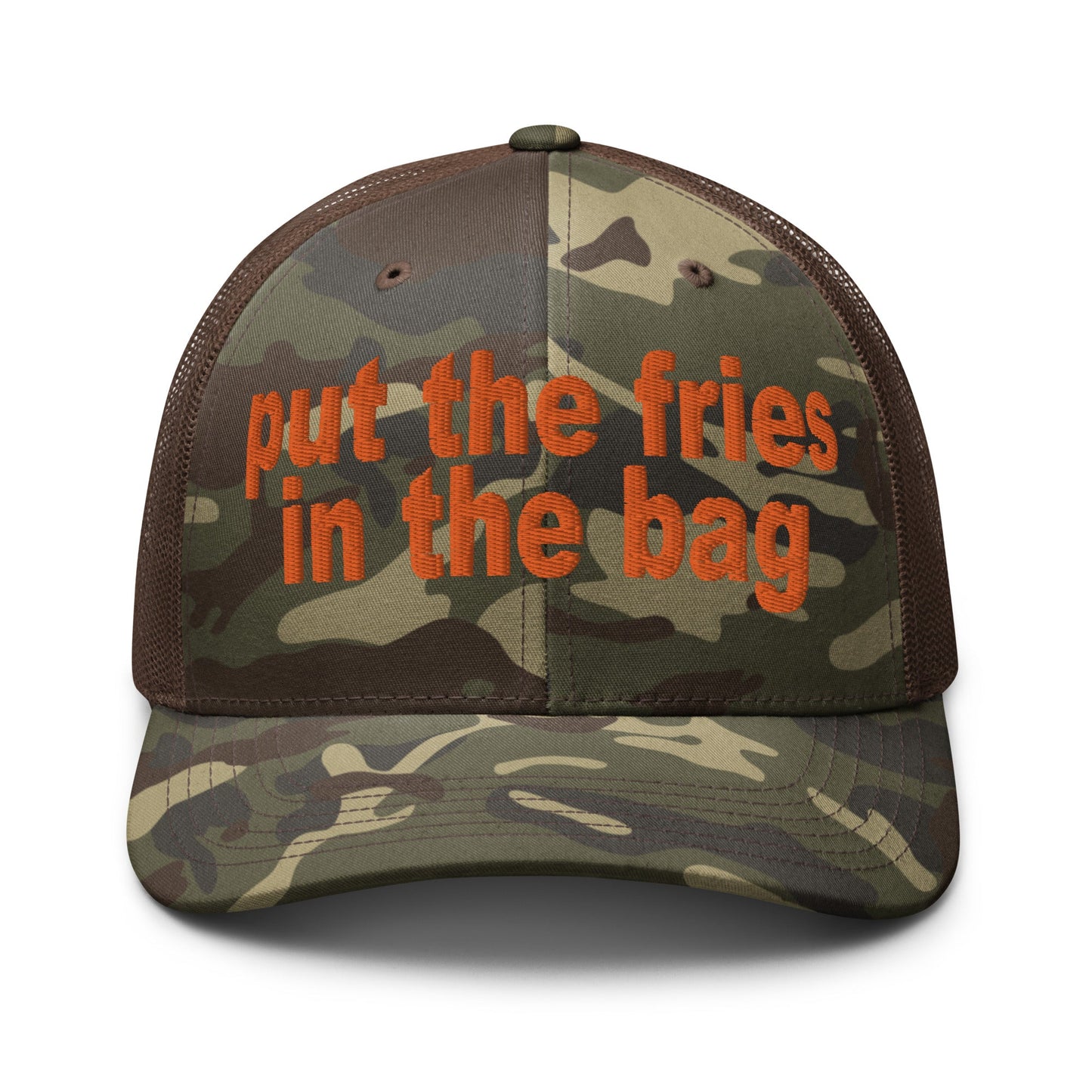 Put the Fries in the Bag Embroidered Orange Camo Trucker Hat Camo Brown