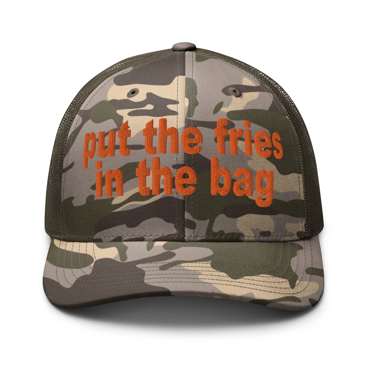 Put the Fries in the Bag Embroidered Orange Camo Trucker Hat Camo Olive