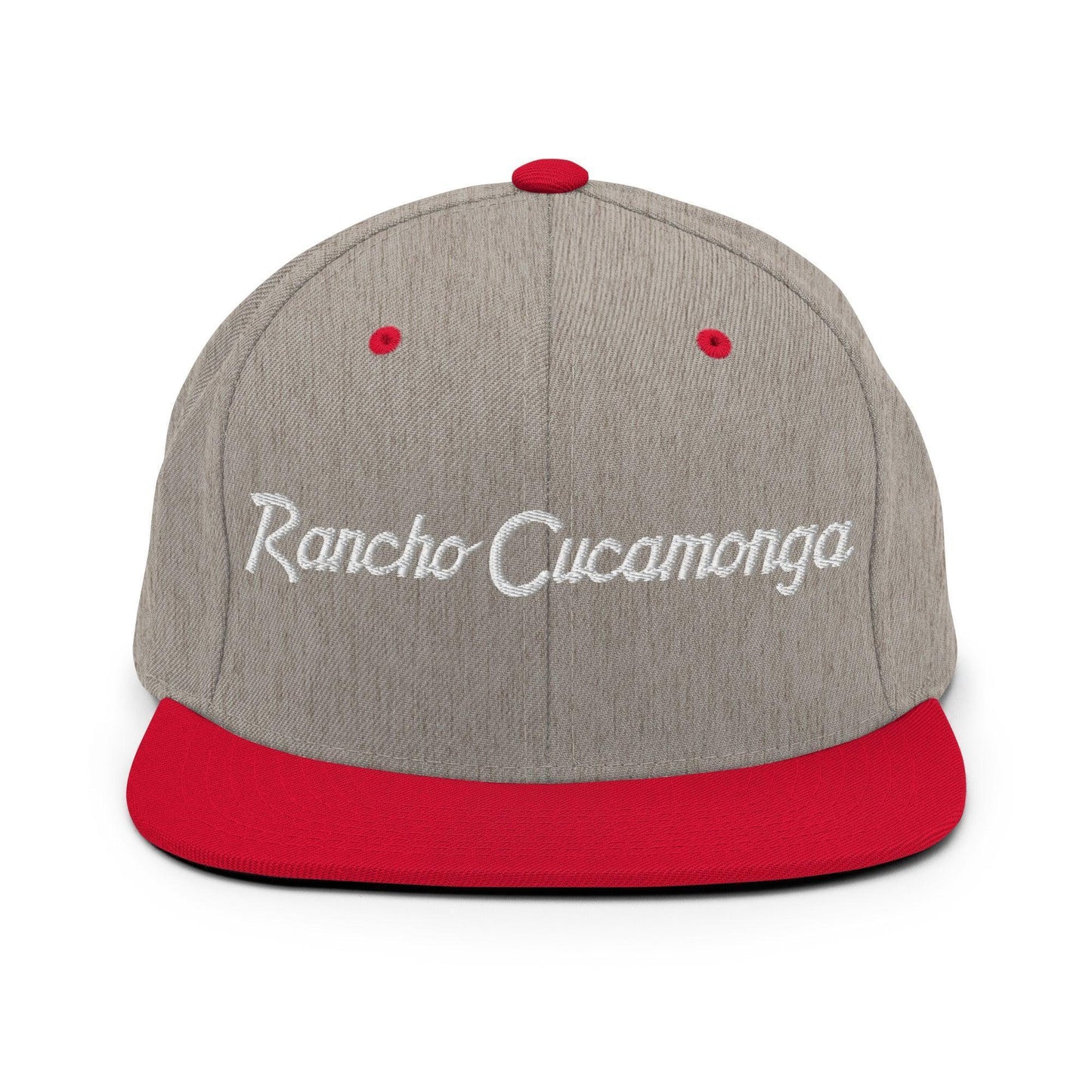 Rancho Cucamonga Script Snapback Hat Heather Grey Red