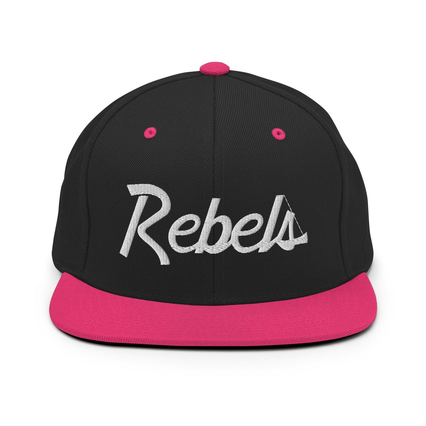 Rebels School Mascot Script Snapback Hat Black Neon Pink