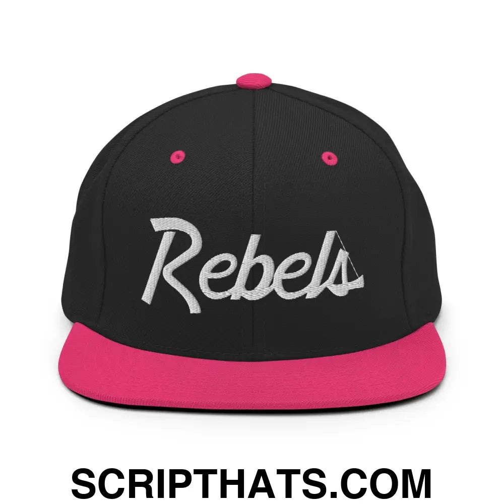 Rebels School Mascot Script Snapback Hat Black Neon Pink