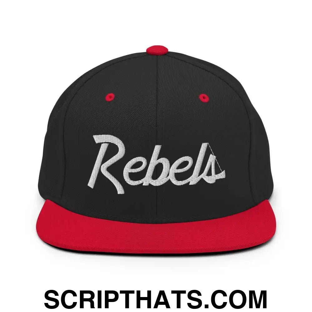 Rebels School Mascot Script Snapback Hat Black Red