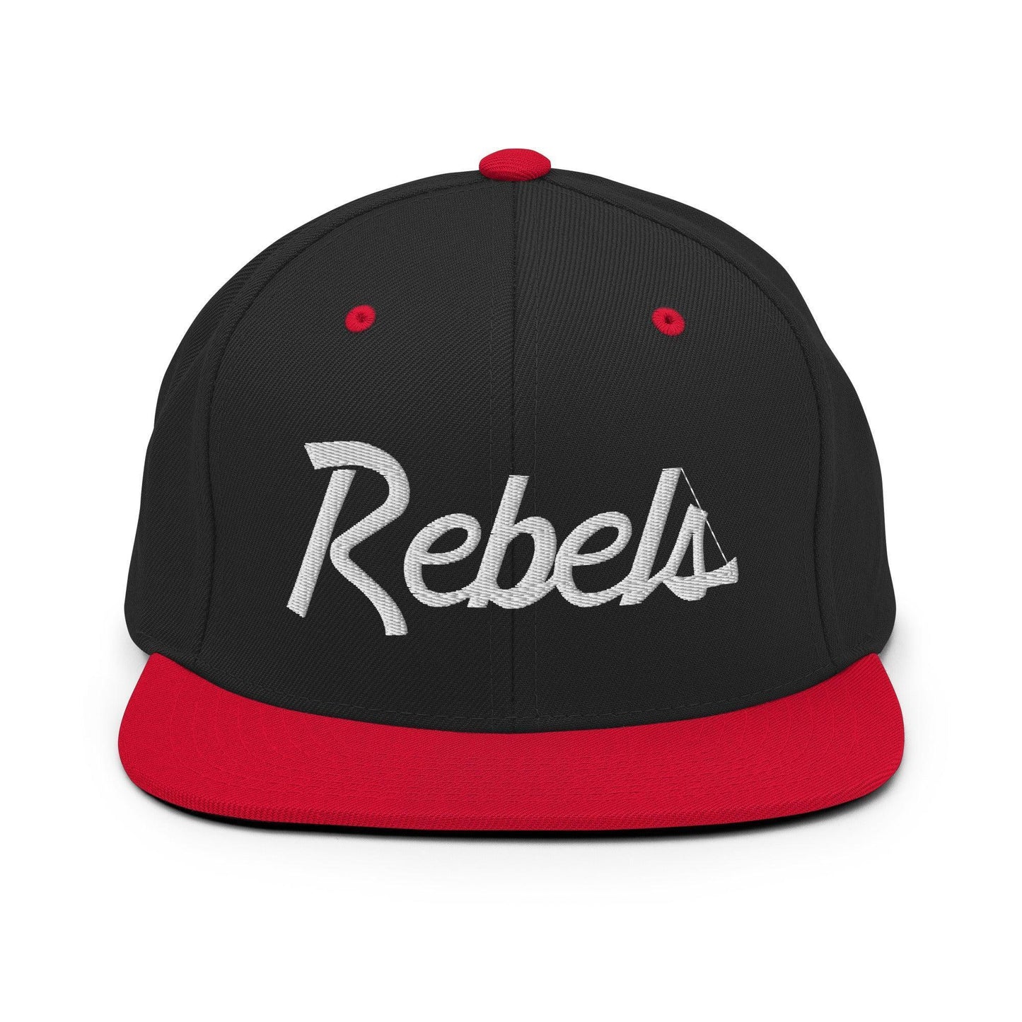 Rebels School Mascot Script Snapback Hat Black Red