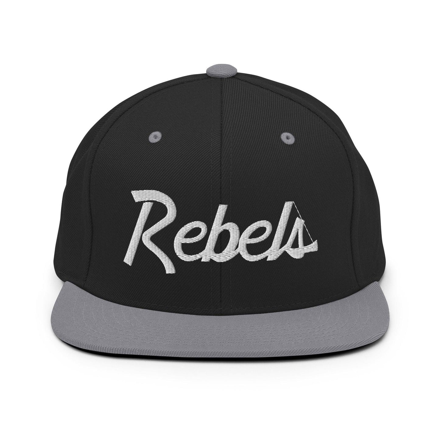 Rebels School Mascot Script Snapback Hat Black Silver