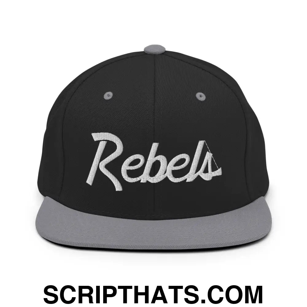 Rebels School Mascot Script Snapback Hat Black Silver