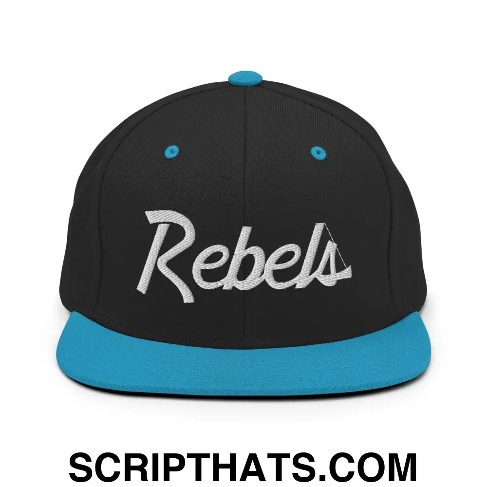 Rebels School Mascot Script Snapback Hat Black Teal