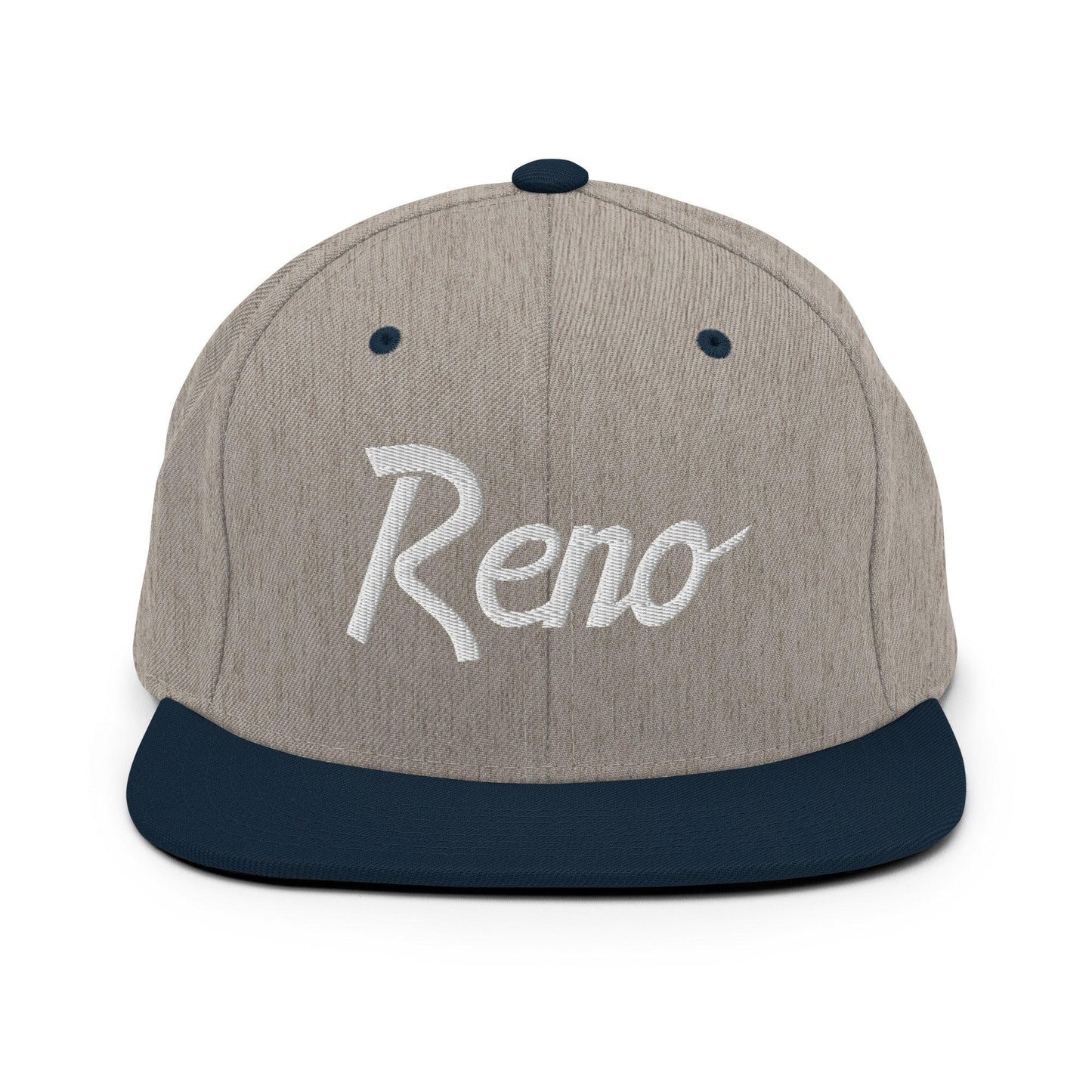 Reno Script Snapback Hat Heather Grey Navy