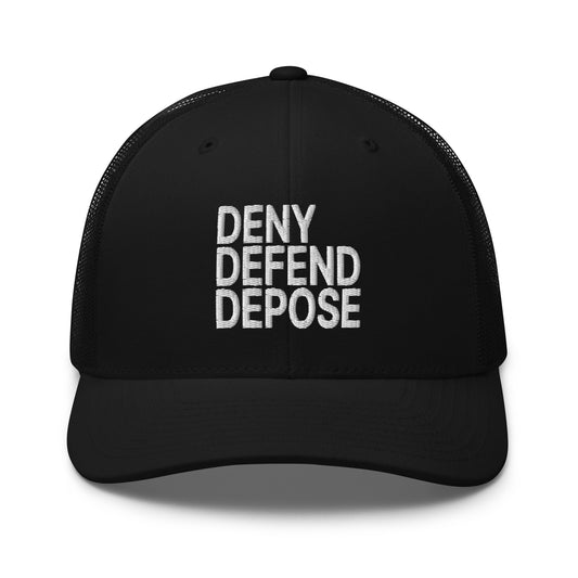 Deny Defend Depose Embroidered Mesh Trucker Hat Black