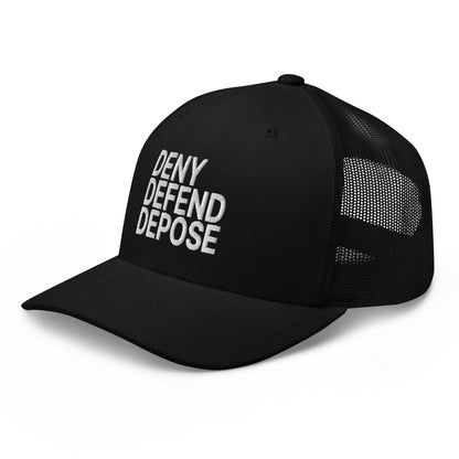 Deny Defend Depose Embroidered Mesh Trucker Hat Black