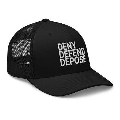 Deny Defend Depose Embroidered Mesh Trucker Hat Black