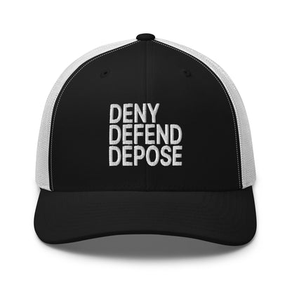 Deny Defend Depose Embroidered Mesh Trucker Hat Black White