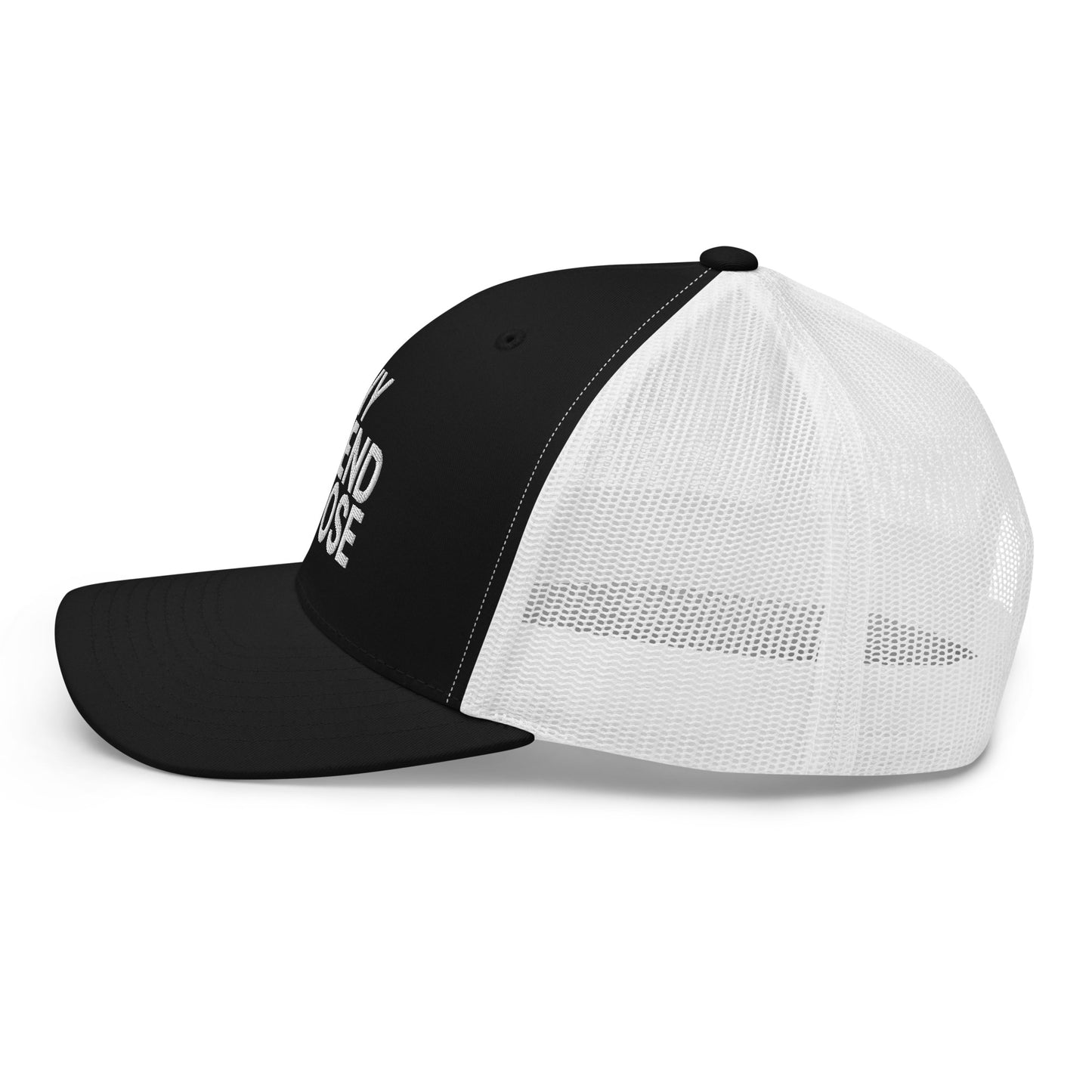 Deny Defend Depose Embroidered Mesh Trucker Hat Black White