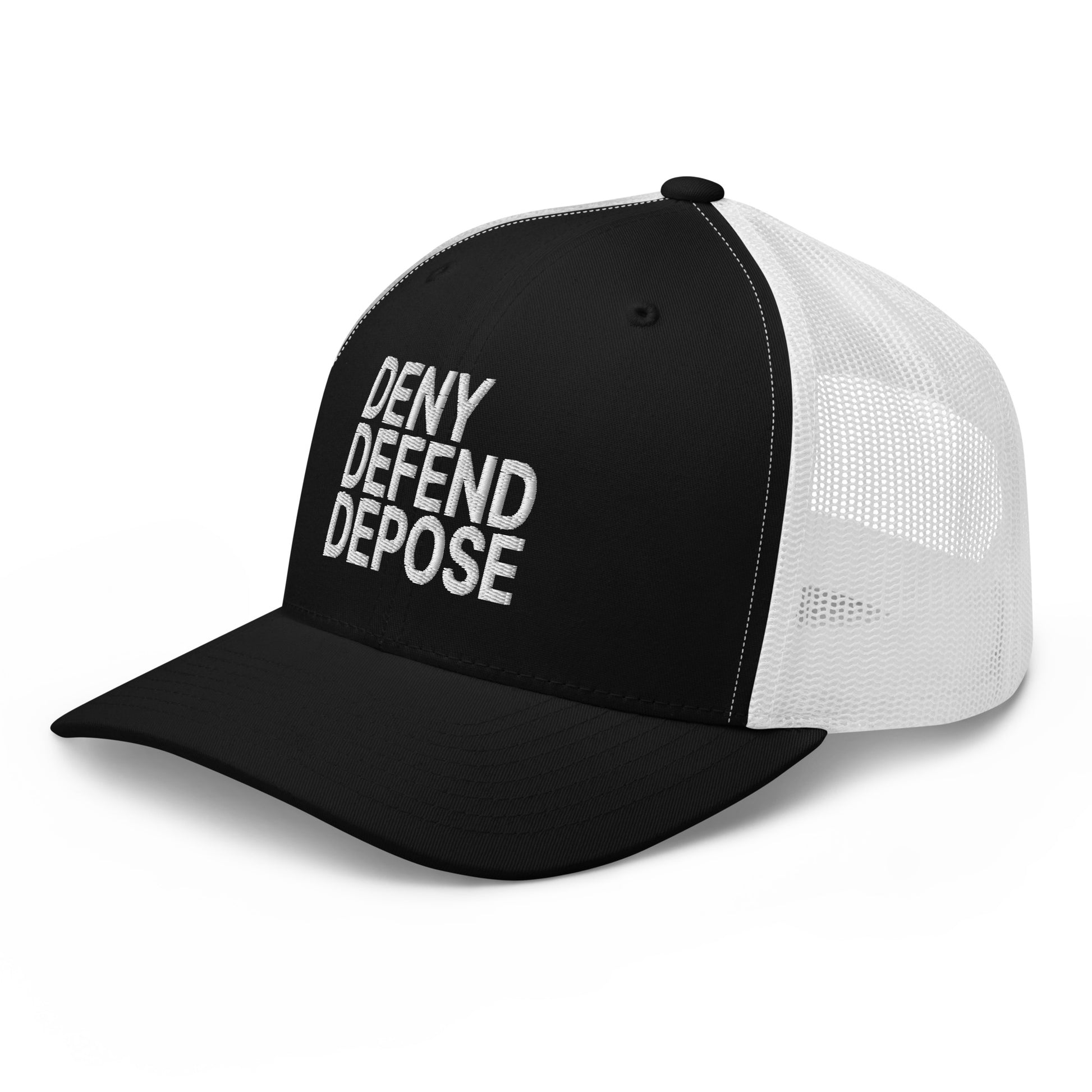 Deny Defend Depose Embroidered Mesh Trucker Hat Black White