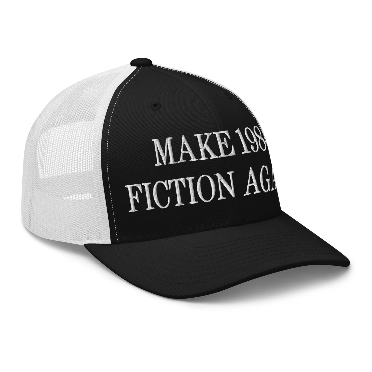 Make 1984 Fiction Again Embroidered Mesh Trucker Hat Black White