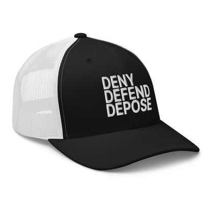 Deny Defend Depose Embroidered Mesh Trucker Hat Black White