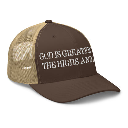 God is Greater than the Highs and Lows Embroidered Mesh Trucker Hat Brown Khaki