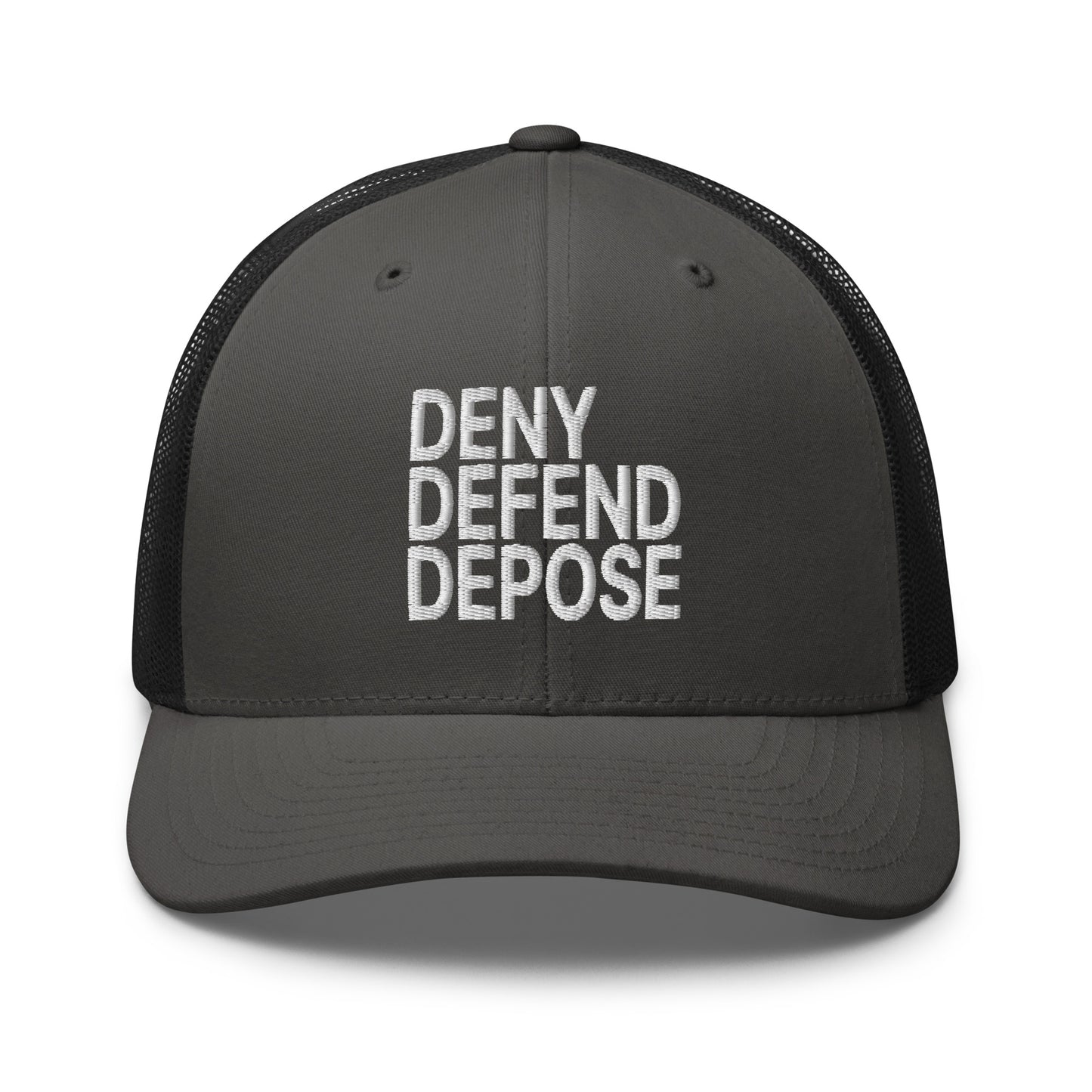 Deny Defend Depose Embroidered Mesh Trucker Hat Charcoal Black