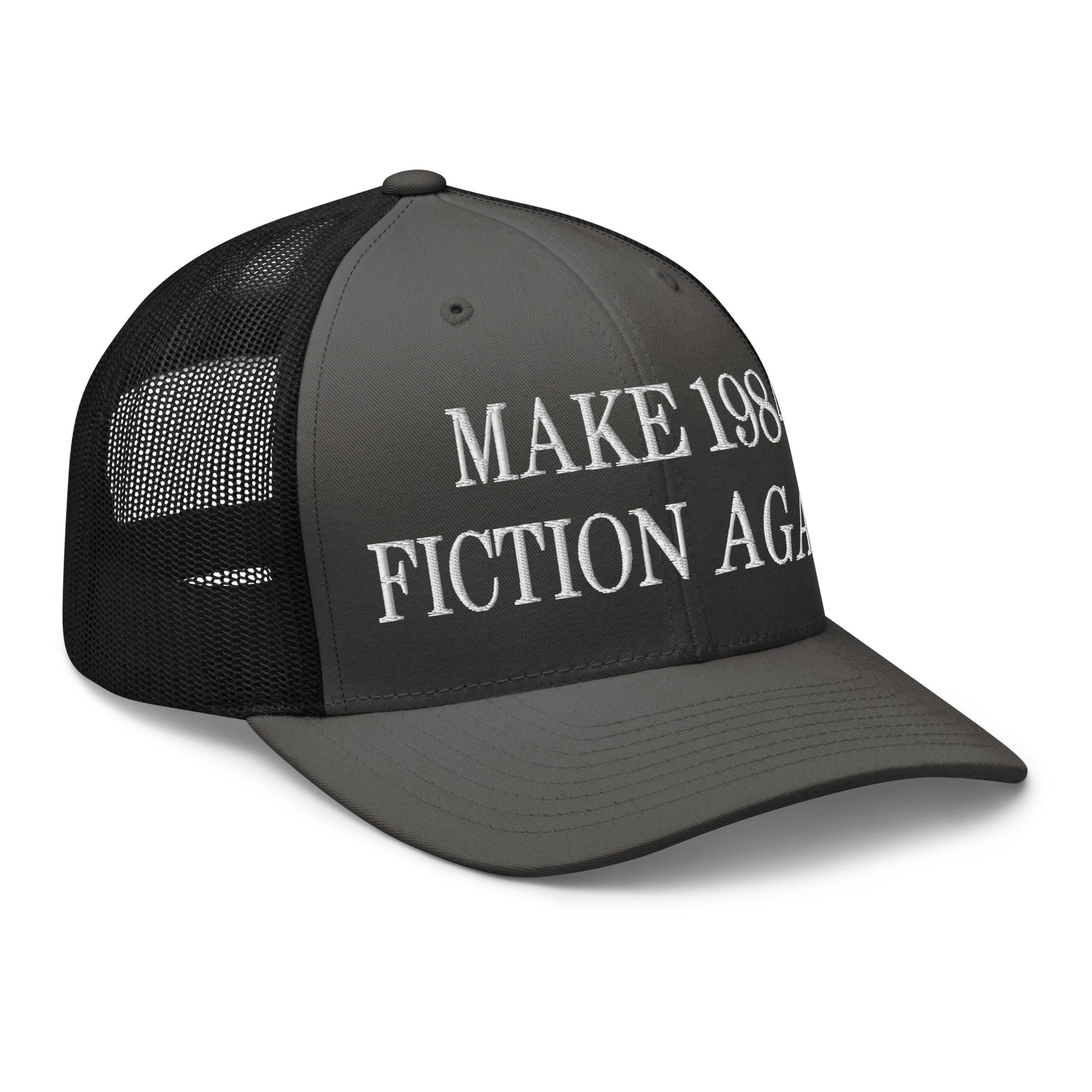 Make 1984 Fiction Again Embroidered Mesh Trucker Hat Charcoal Black