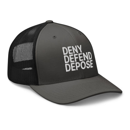 Deny Defend Depose Embroidered Mesh Trucker Hat Charcoal Black