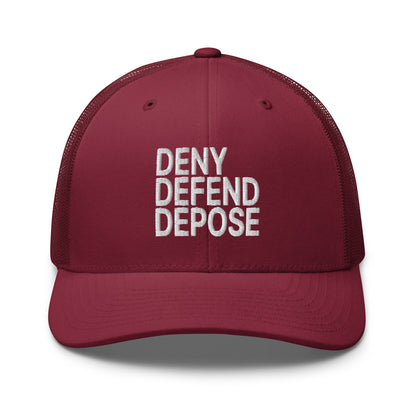 Deny Defend Depose Embroidered Mesh Trucker Hat Cranberry