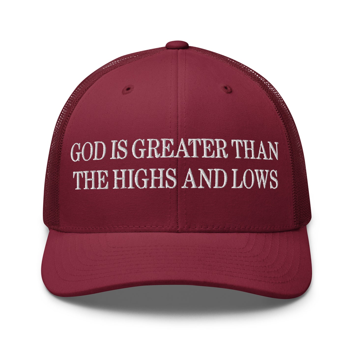 God is Greater than the Highs and Lows Embroidered Mesh Trucker Hat Cranberry