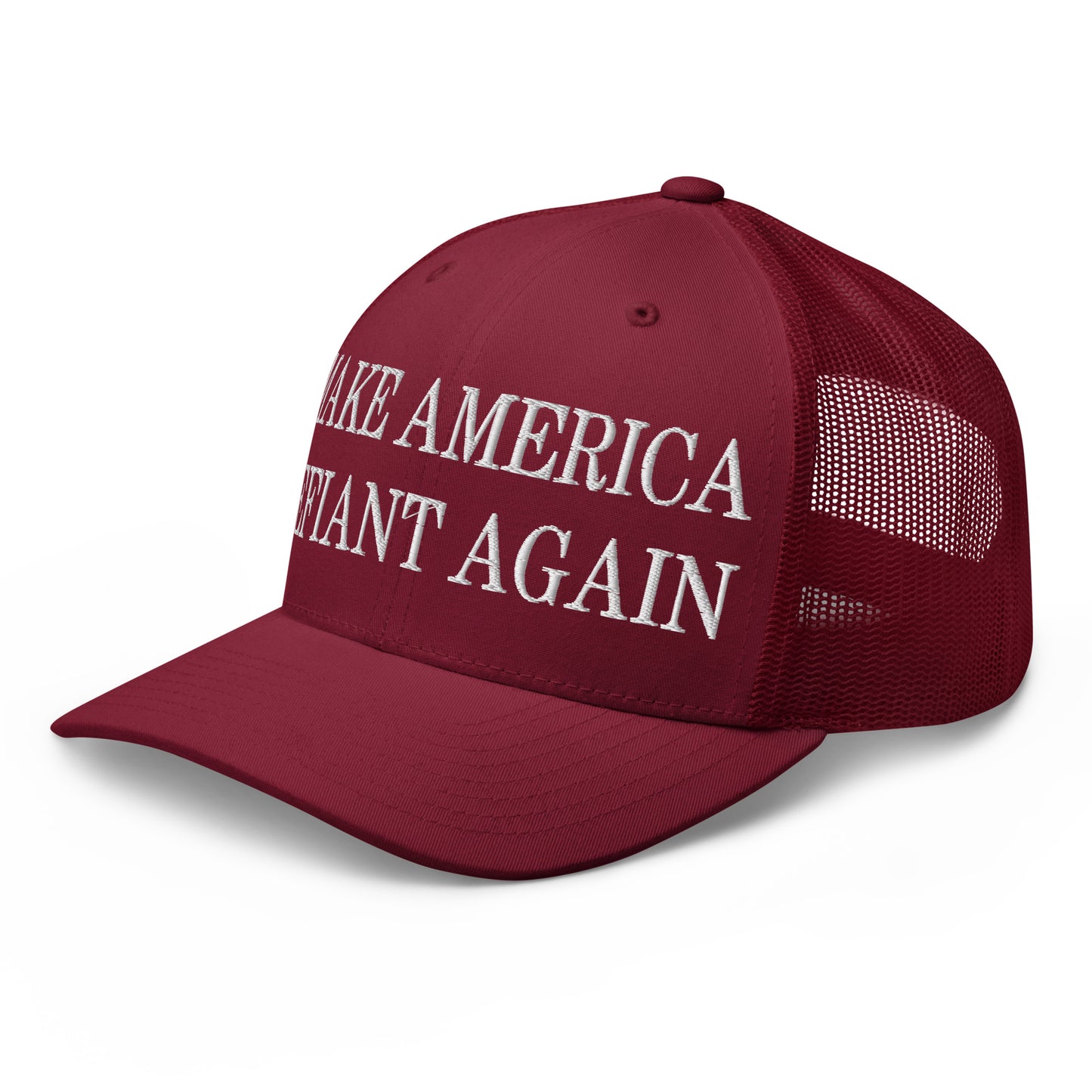 Make America Defiant Again Embroidered Mesh Trucker Hat Cranberry