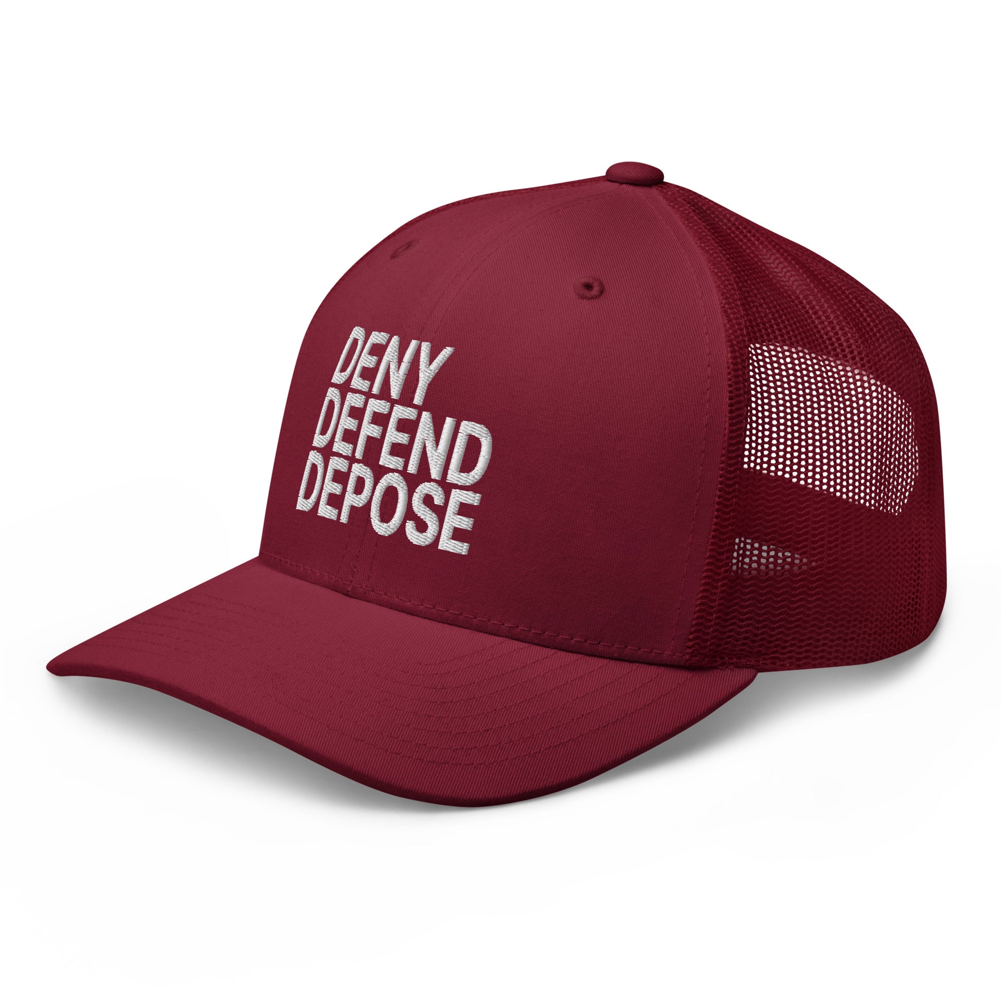 Deny Defend Depose Embroidered Mesh Trucker Hat Cranberry