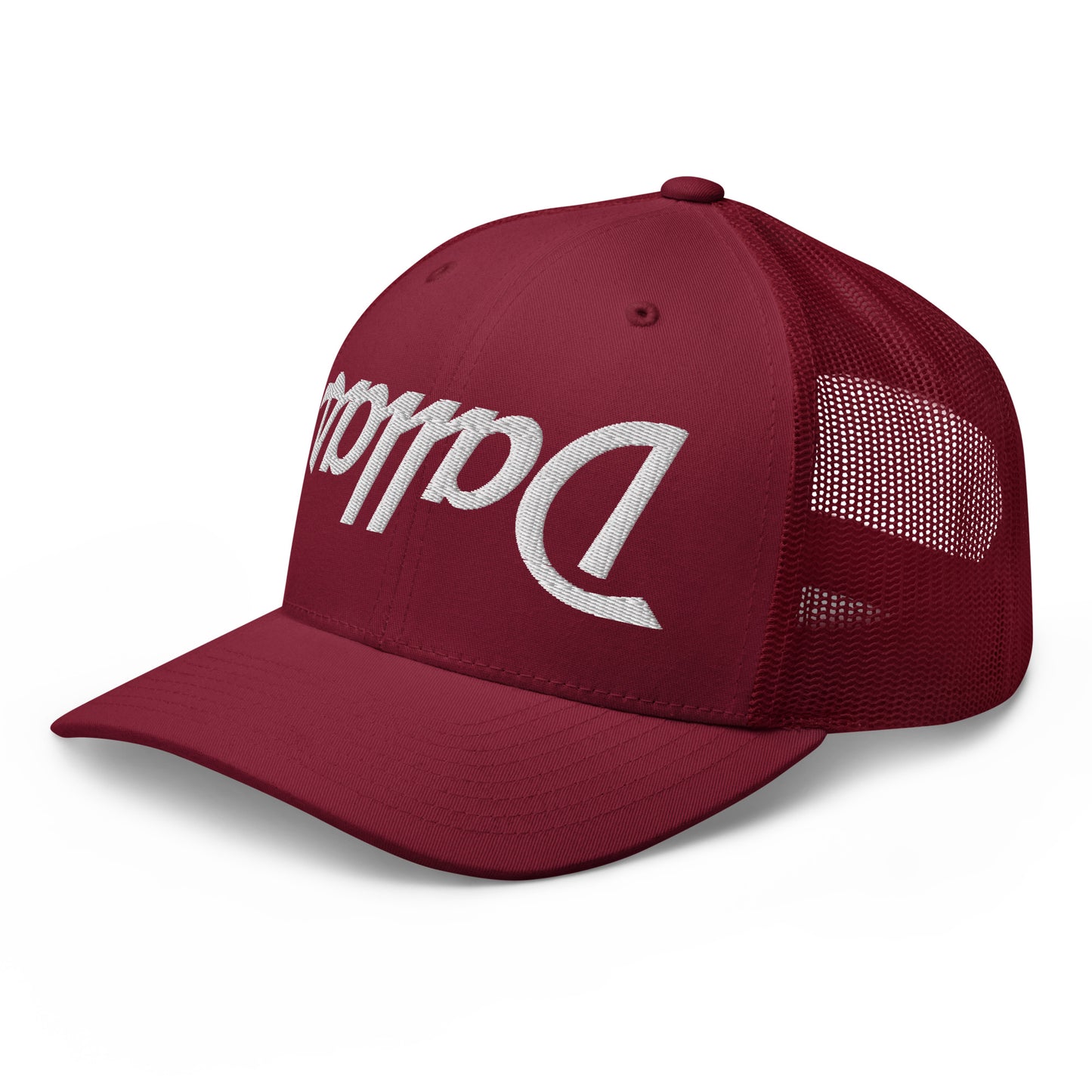 Upside Down Dallas Vintage Sports Script Embroidered Mesh Trucker Hat Cranberry