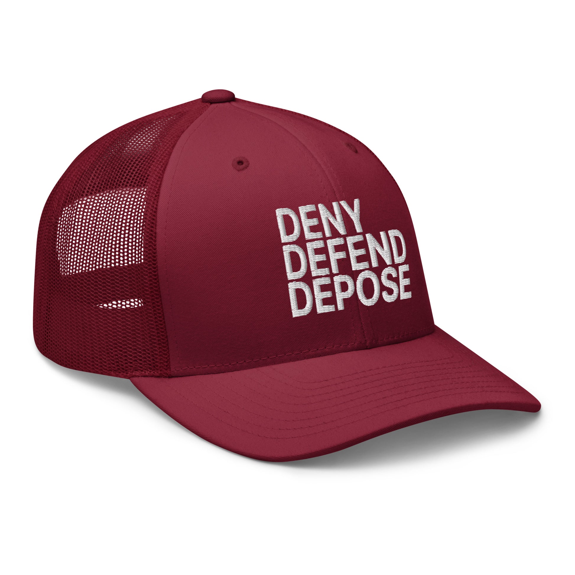 Deny Defend Depose Embroidered Mesh Trucker Hat Cranberry