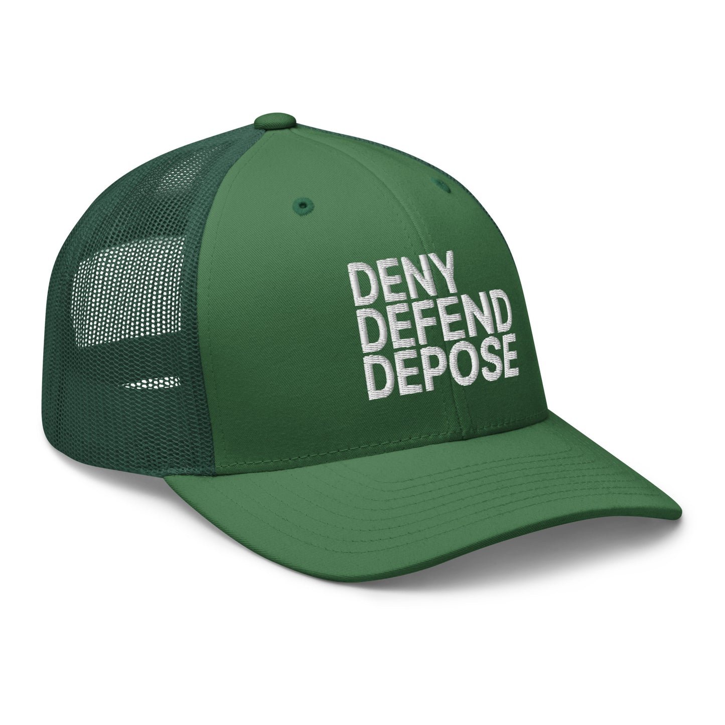 Deny Defend Depose Embroidered Mesh Trucker Hat Evergreen