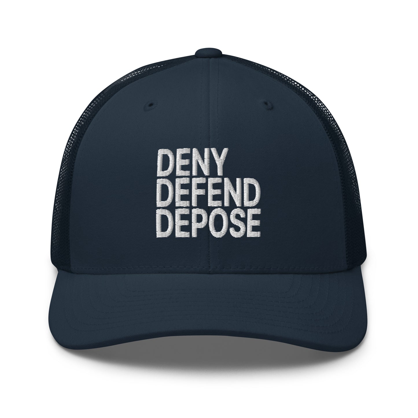 Deny Defend Depose Embroidered Mesh Trucker Hat Navy