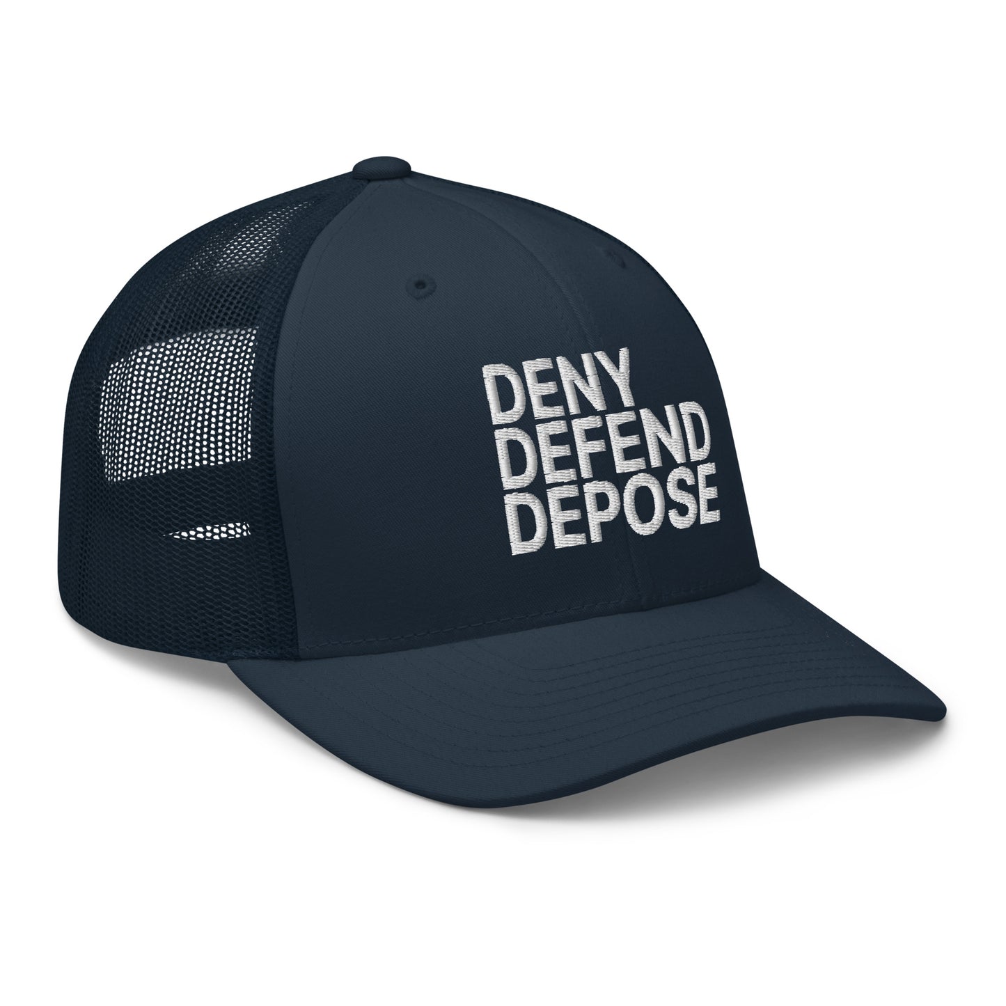 Deny Defend Depose Embroidered Mesh Trucker Hat Navy