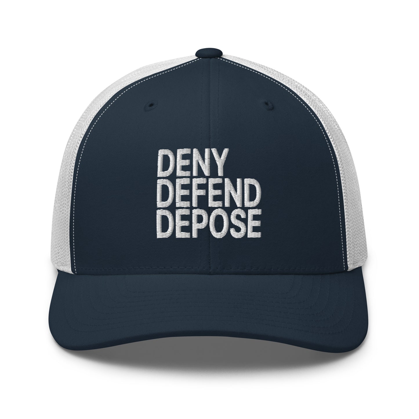 Deny Defend Depose Embroidered Mesh Trucker Hat Navy White