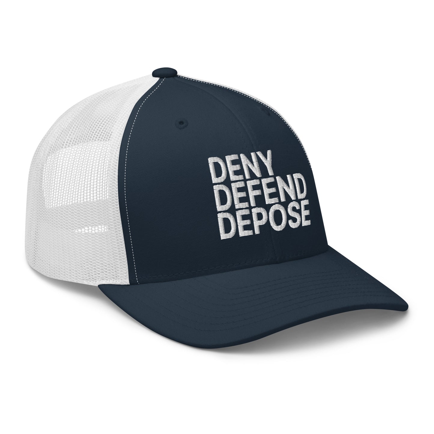 Deny Defend Depose Embroidered Mesh Trucker Hat Navy White