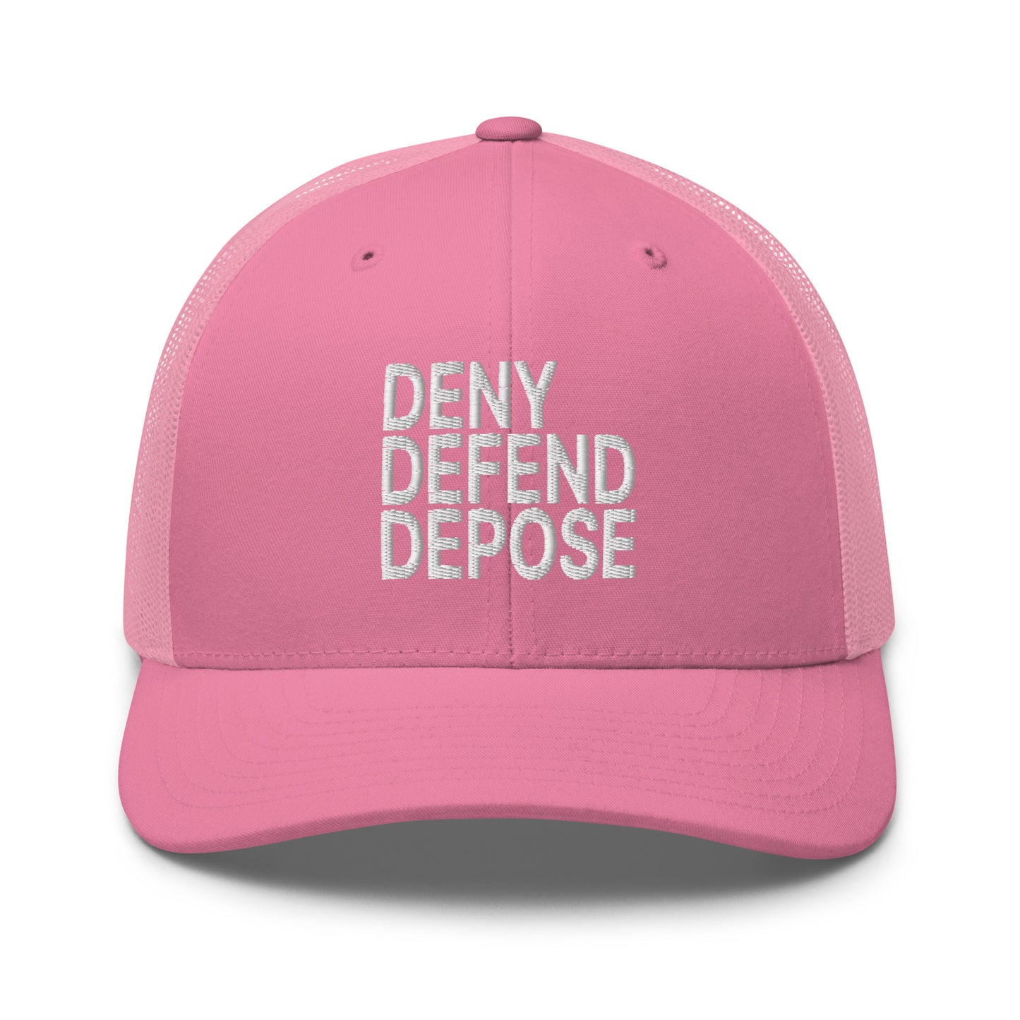 Deny Defend Depose Embroidered Mesh Trucker Hat Pink