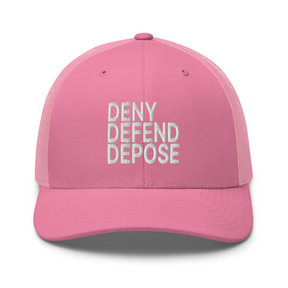 Deny Defend Depose Embroidered Mesh Trucker Hat Pink