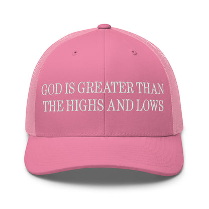 God is Greater than the Highs and Lows Embroidered Mesh Trucker Hat Pink