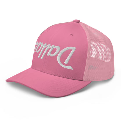 Upside Down Dallas Vintage Sports Script Embroidered Mesh Trucker Hat Pink