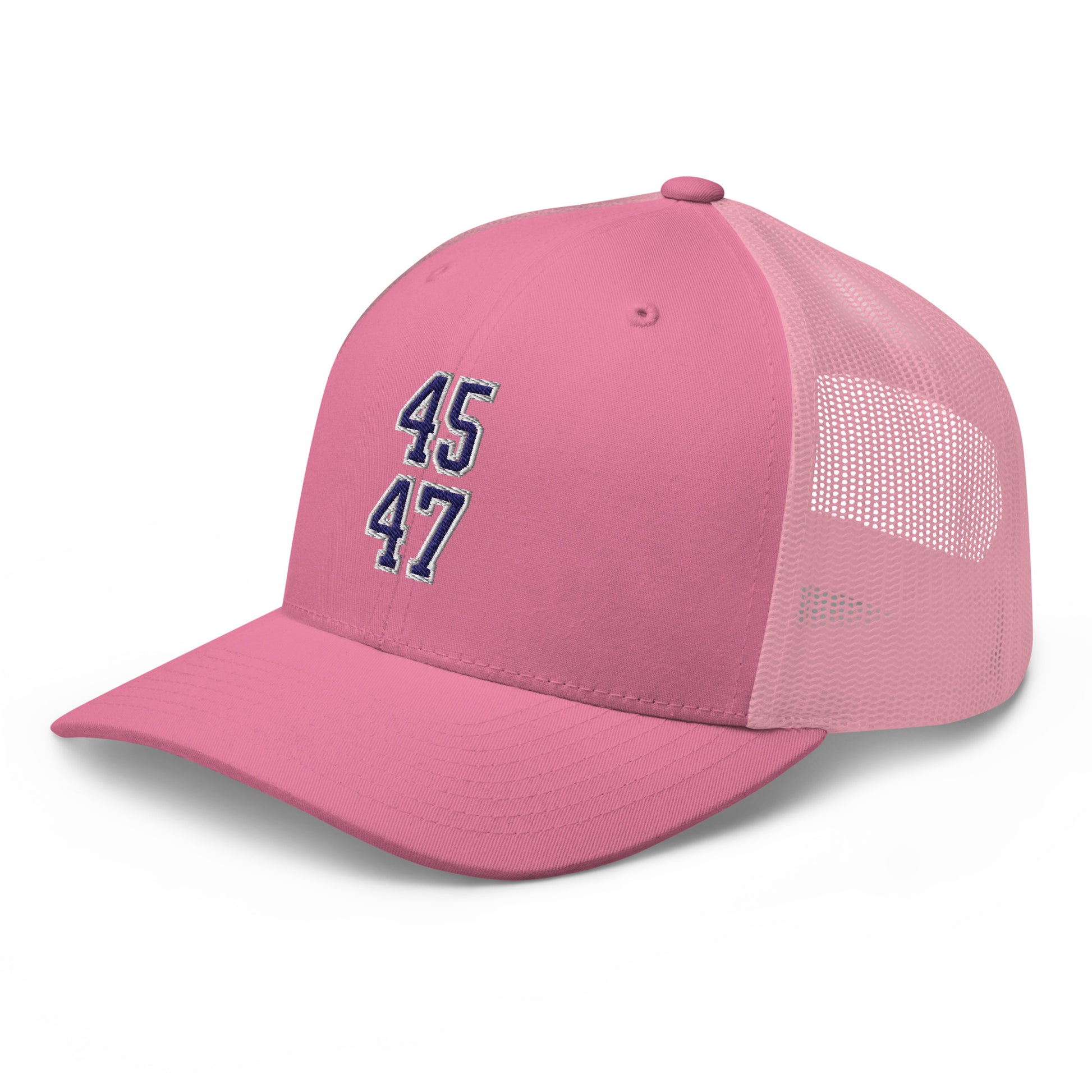 Donald Trump 45-47 Embroidered Mesh Trucker Hat Blue/White Pink