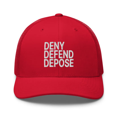 Deny Defend Depose Embroidered Mesh Trucker Hat Red