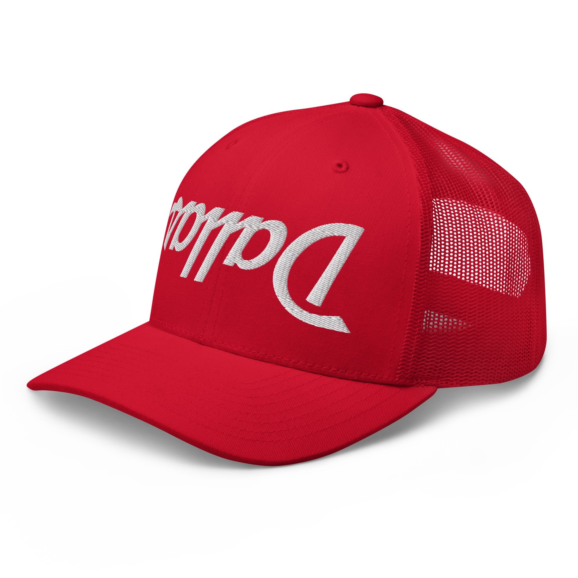 Upside Down Dallas Vintage Sports Script Embroidered Mesh Trucker Hat Red