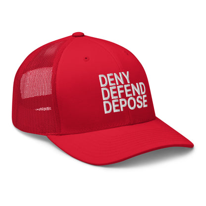 Deny Defend Depose Embroidered Mesh Trucker Hat Red