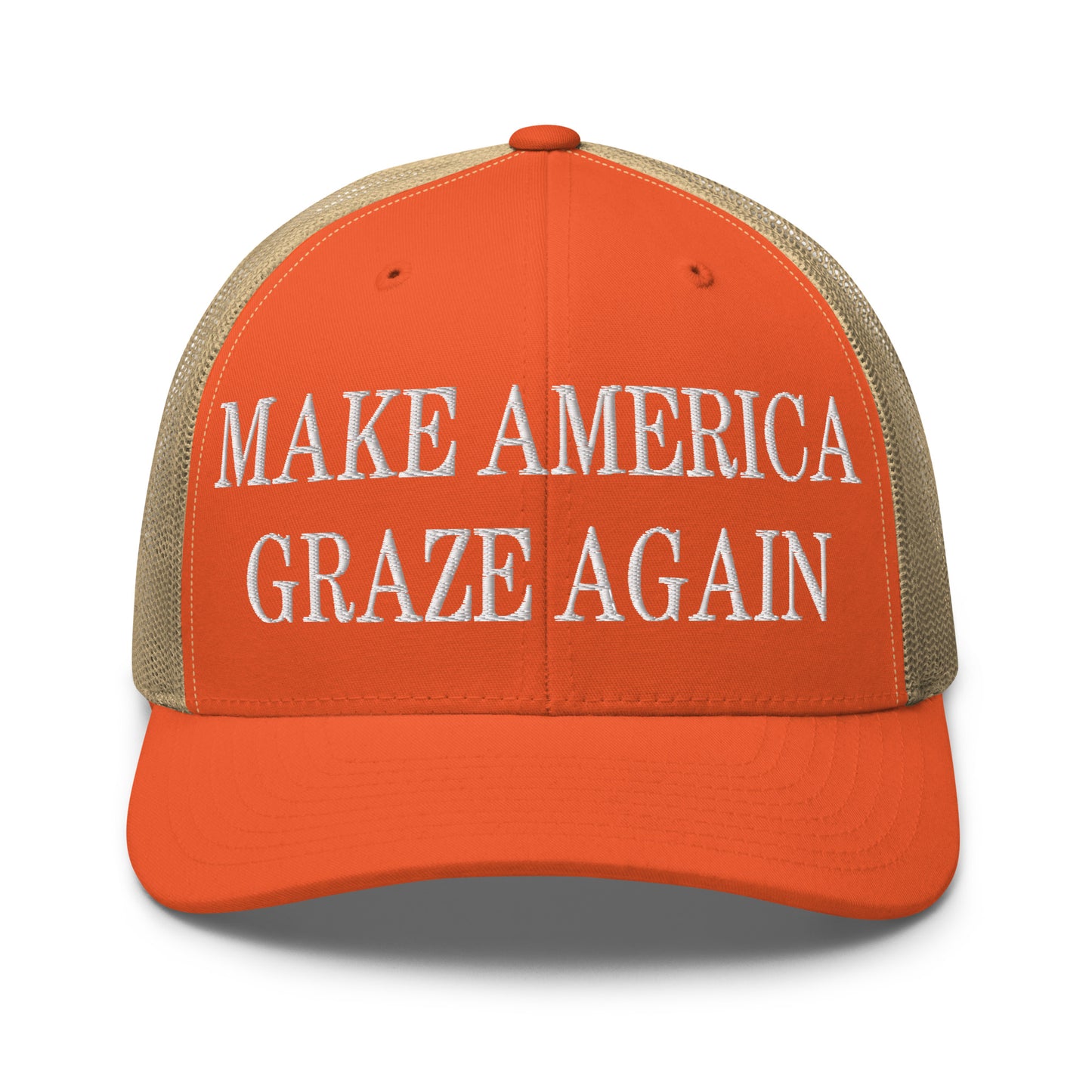 Make America Graze Again Embroidered Mesh Trucker Hat Rustic Orange Khaki