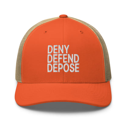 Deny Defend Depose Embroidered Mesh Trucker Hat Rustic Orange Khaki