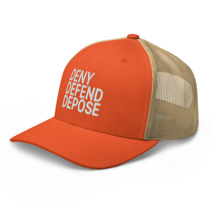 Deny Defend Depose Embroidered Mesh Trucker Hat Rustic Orange Khaki