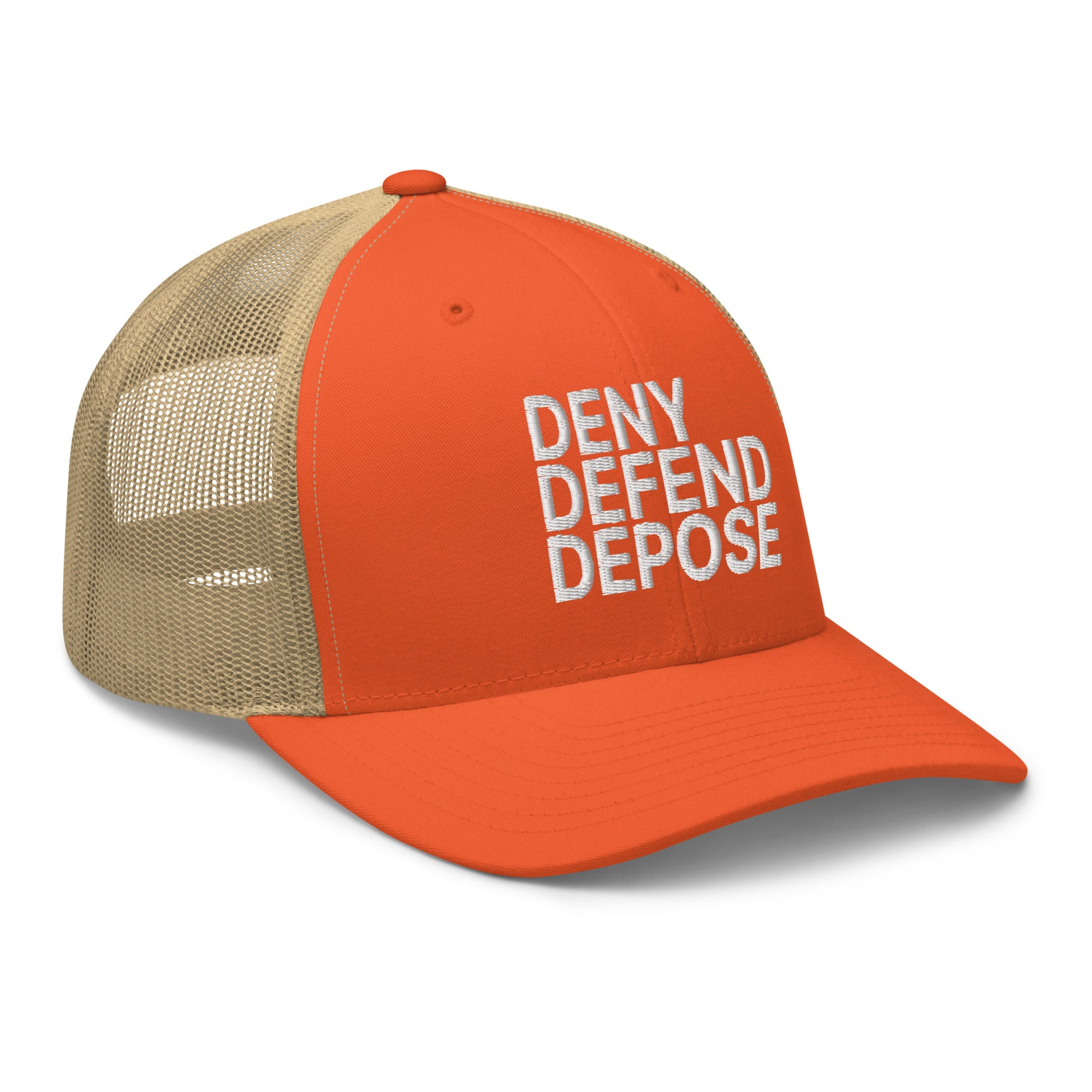 Deny Defend Depose Embroidered Mesh Trucker Hat Rustic Orange Khaki