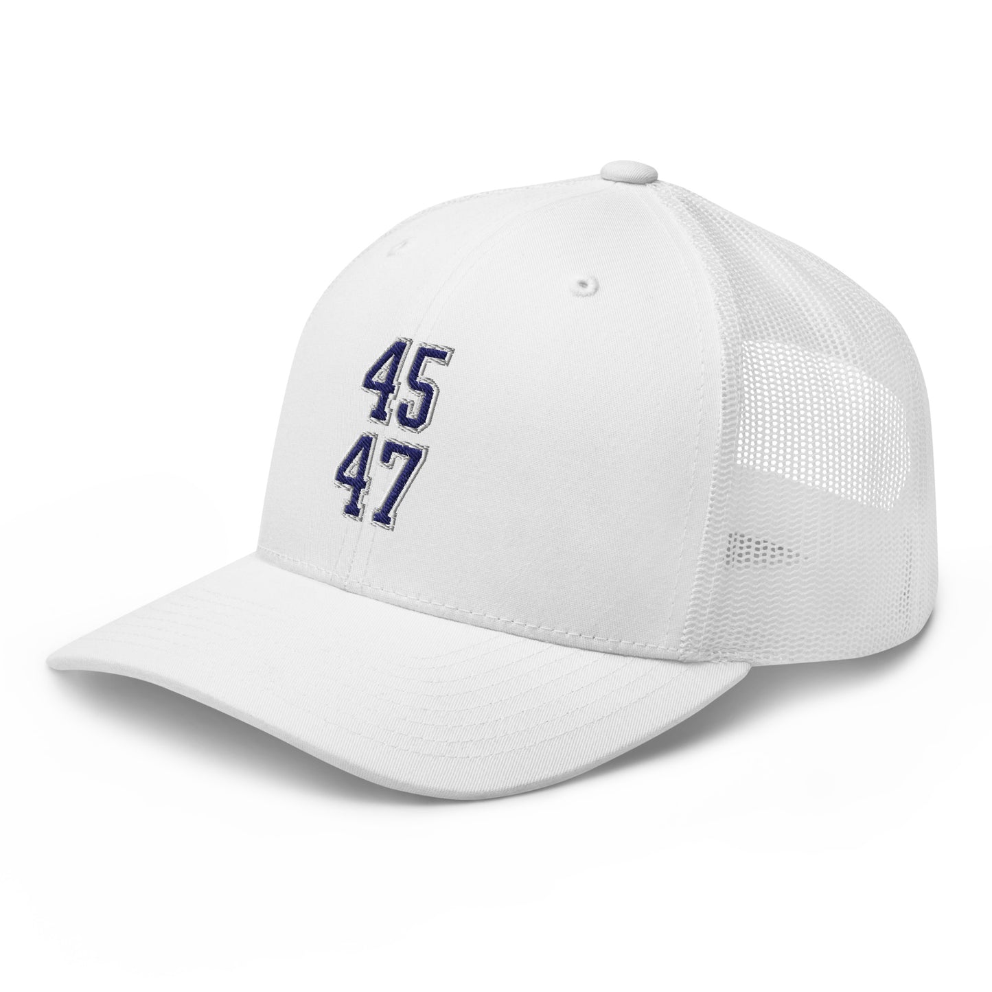 Donald Trump 45-47 Embroidered Mesh Trucker Hat Blue/White White