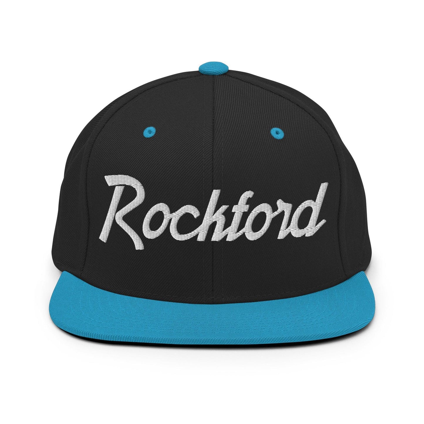 Rockford Script Snapback Hat Black Teal